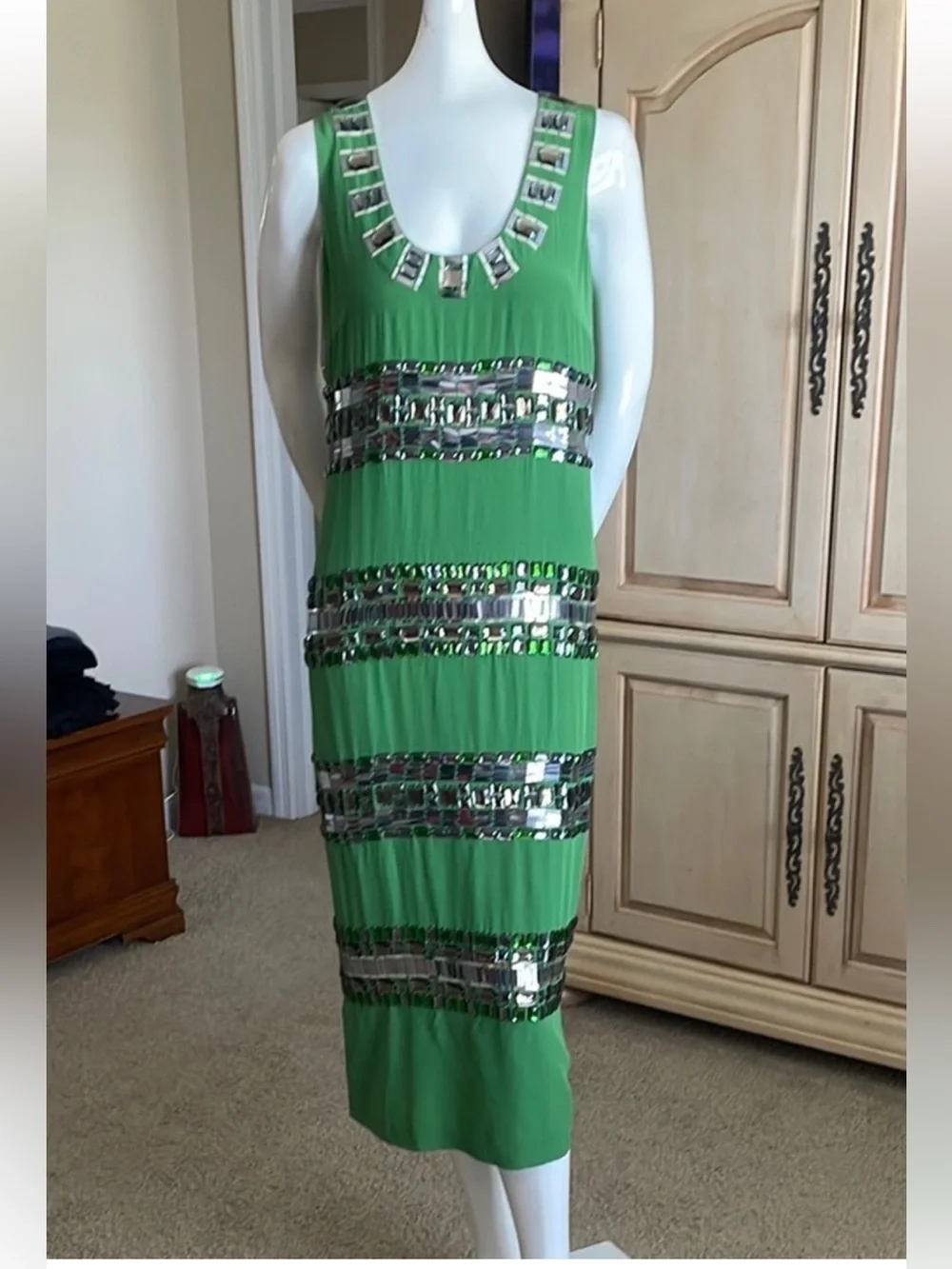 Tory Burch Vintage Rare Embellished Midi Sheath Dress Green Silver Jewels 6 NWOT